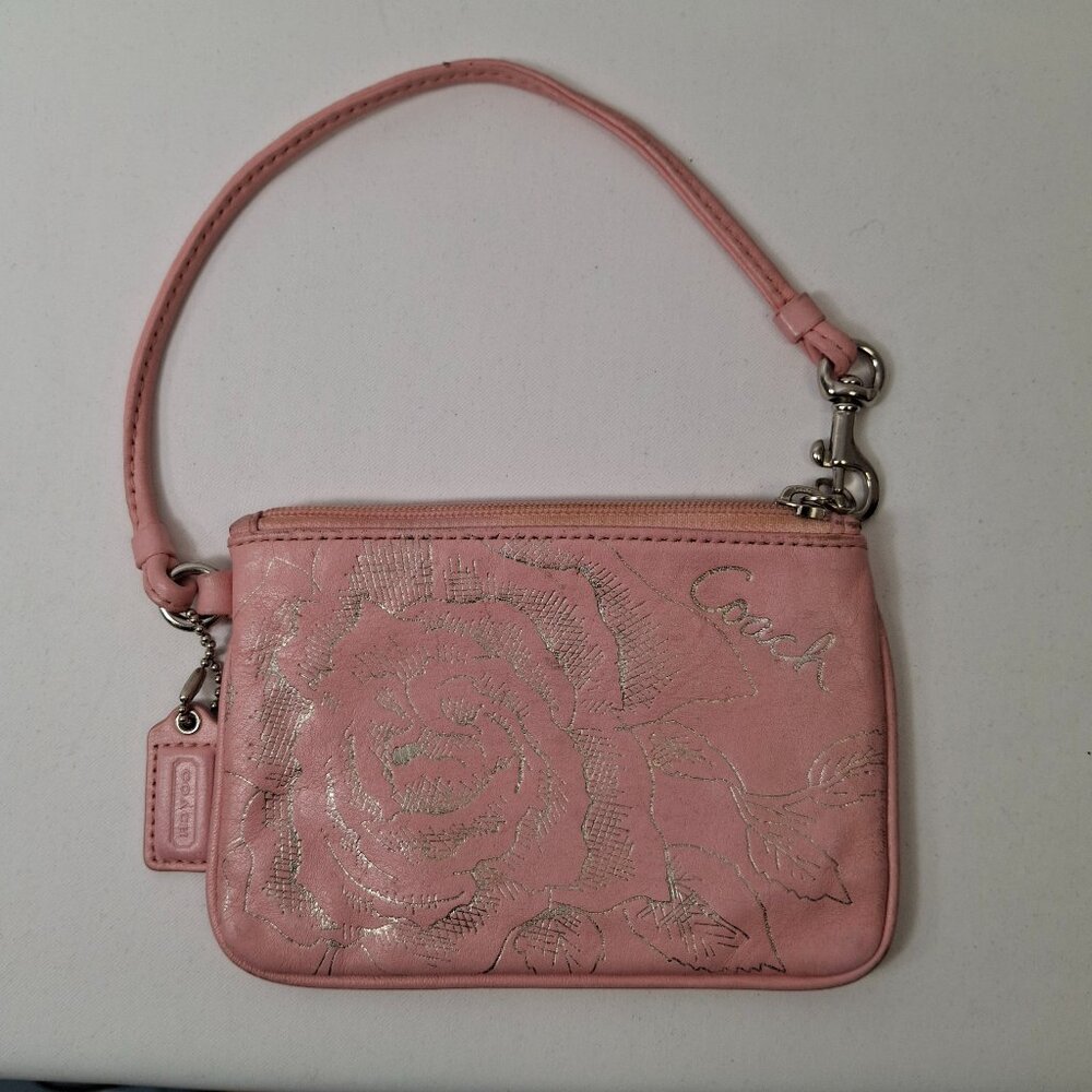COACH Coral Pink Floral Wristlet Pouch Wallet Silvertone Hardware 6.25 x 4.25 in - Picture 1 of 7